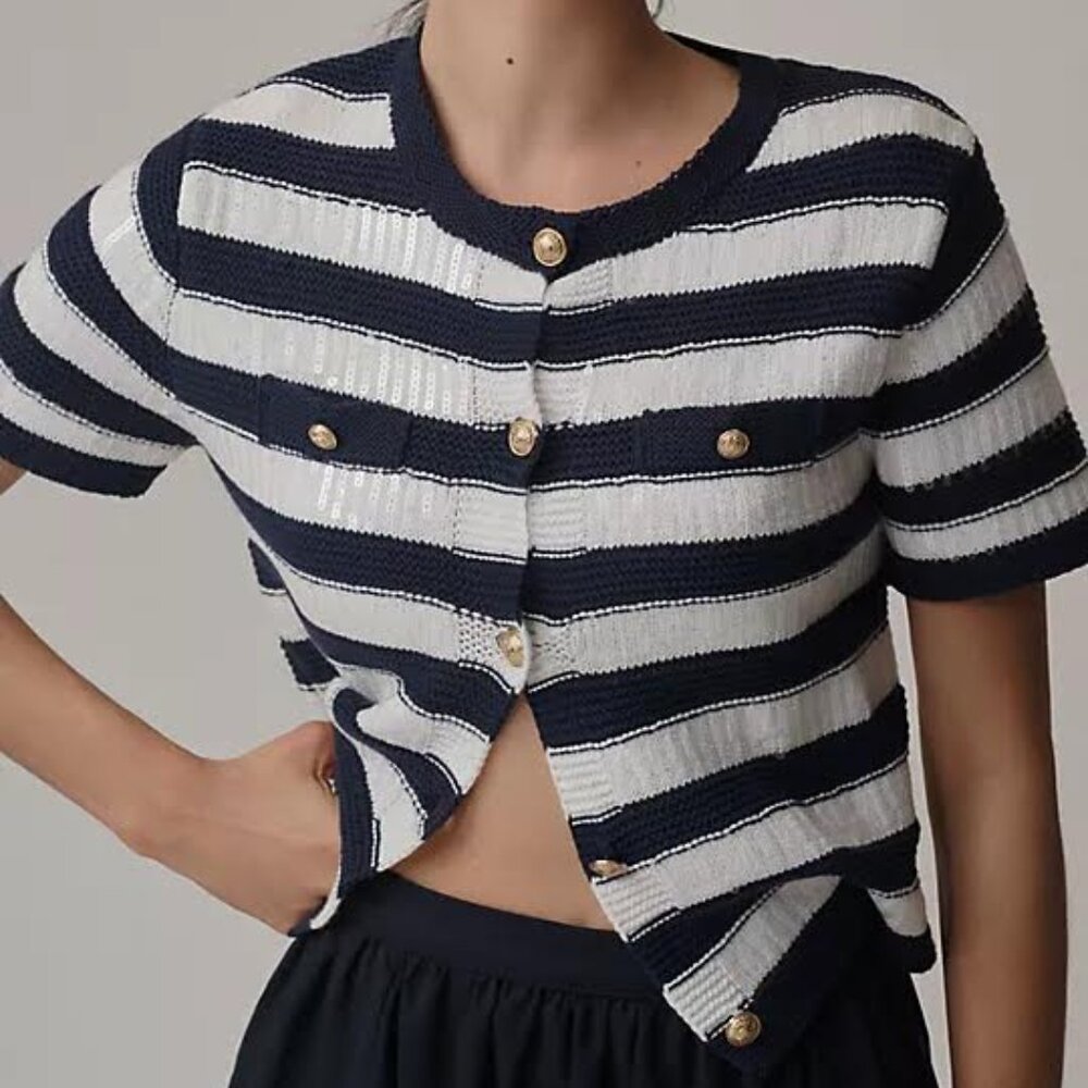 SAM EDELMAN Colleen Stripe Short Sleeve Cardigan knit blue Size Medium NWT